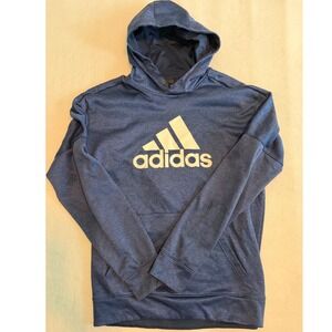 Adidas ClimaWarm Navy Blue Hoodie Yellow Logo Pullover Gorpcore Mens Medium